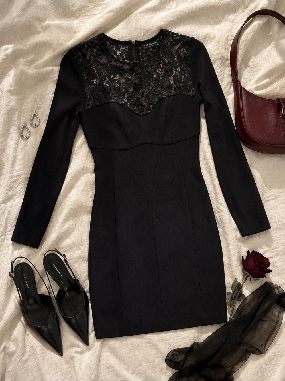 AllSaints Helis Black Lace Long Sleeve Bodycon Mini Dress Size 0